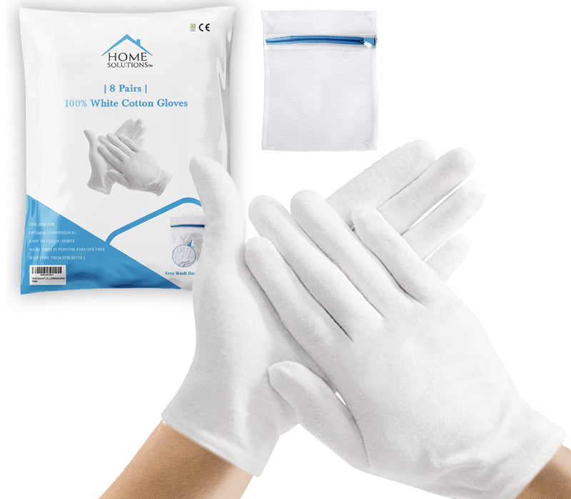 [Australia] - Home Solutions™ White Cotton Gloves for Eczema | 8 Pairs | Free Wash Bag | Hand Moisturising Gloves, White Cotton Gloves for Dry Hands, Eczema Gloves, White Gloves, Exfloitants Gloves 