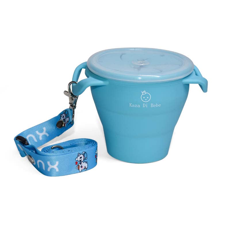 [Australia] - KAZA DI BEBE – 2 PCS BPA Free Silicone No Spill Snack Storage Container and Collapsible Silicone Cup with Lid - for Toddlers - Easy Wipe Clean (Blue) Blue 