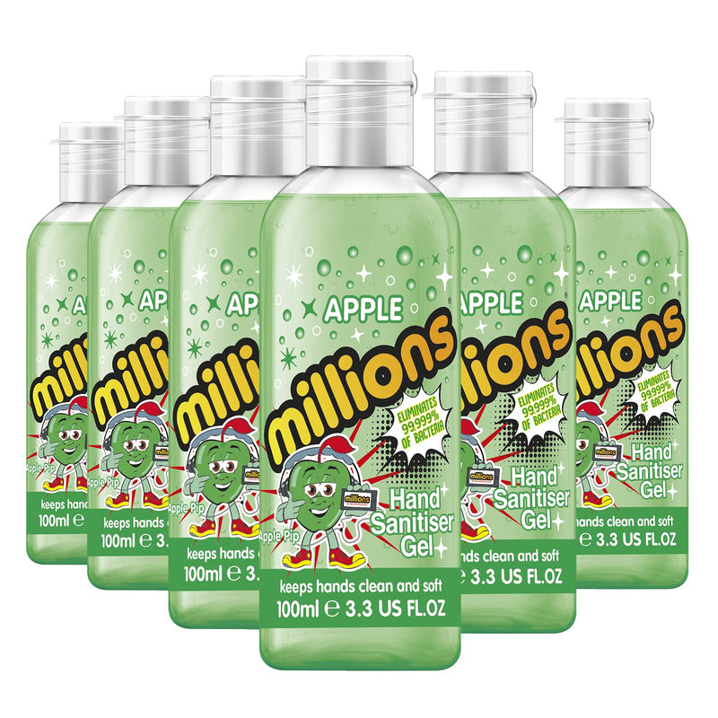 [Australia] - Millions Hand Sanitiser Gel | Eliminates 99.999% of Bacteria | 70% Alcohol | Scented & Fruity Fragrance (Apple, 100ml x6) Apple 