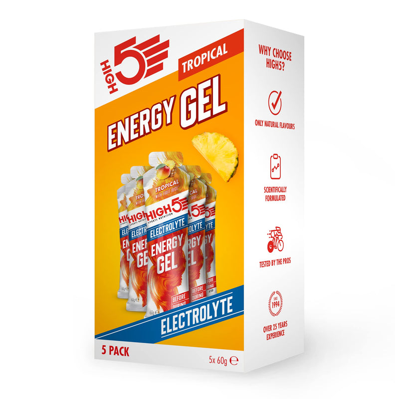 [Australia] - HIGH5 Energy Gel with Electrolytes | Quick Release Energy On The Go | 23 g Carbs | 57mg Magnesium | Great Taste | (Tropical, 5x60g) Tropical 5 x 60 g 