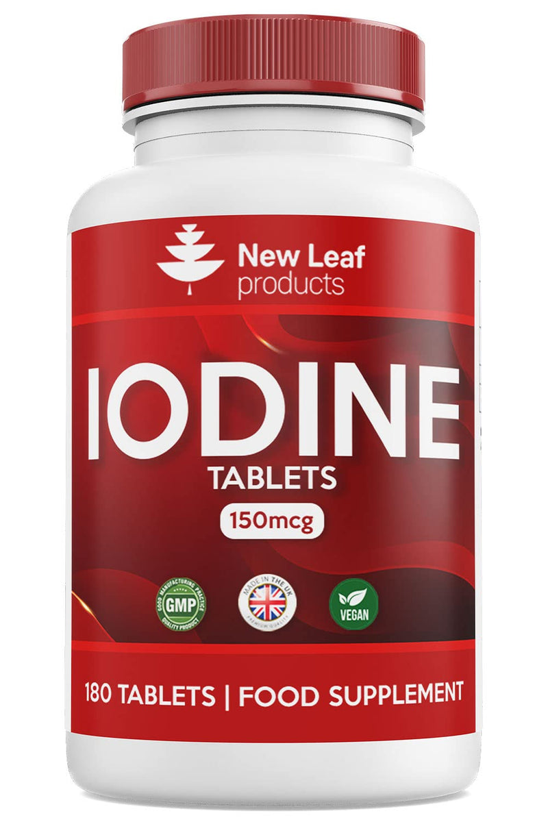 [Australia] - Iodine Tablets 150mcg 180 Vegan High Strength Tablets Iodine Supplements, Natural Source of Iodine from Potassium Iodide, 6 Month Supply, GMO Free, GMP, Made in UK by New Leaf 180 Count (Pack of 1) 
