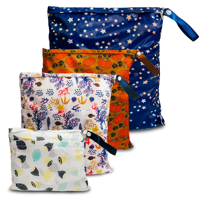 [Australia] - Joyo roy Nappy Bags Wet Bag Cloth Nappy Wet Bags Wet Bag Nappy Bag Baby Nappy Bag Wet Dry Bag Wet Bag for Cloth Nappies Bag Organisers Large Nappy Bags Waterproof Zip Bag Nappy Bag Organiser SMML 4 Pack (SMML) Lemon Pumpkin Ocean Star 