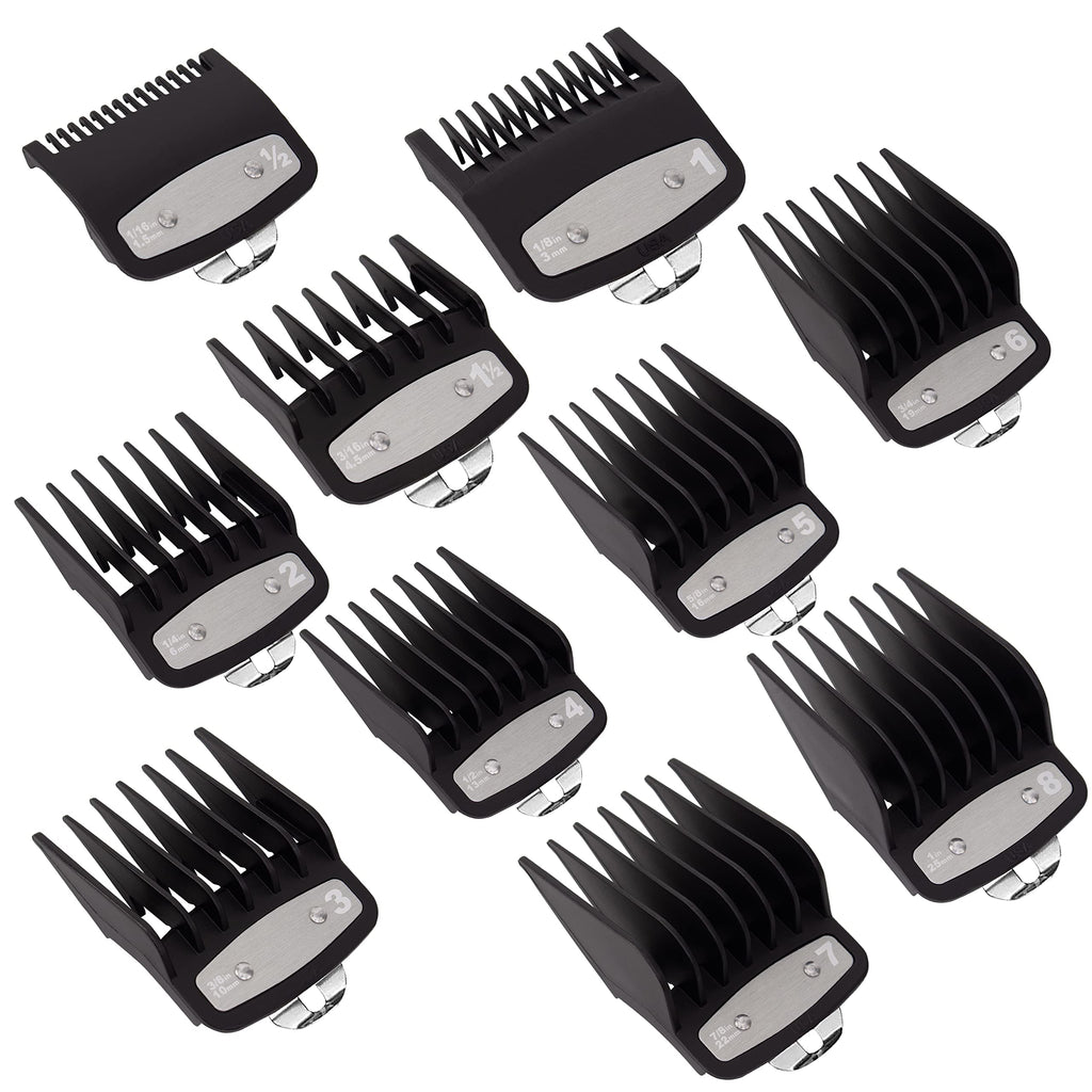 [Australia] - 10 Pack Clipper Guards Cutting Guides for Wahl Clipper with Metal Clip/Color Coded-from 1/16 Inch to 1 Inch(1.5-25mm)，Fits All Full Size Wahl Clippers (Black) Black 