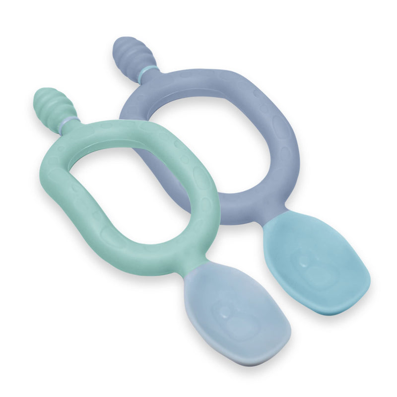 [Australia] - Bibado - Dippit Multi-Stage Self Feeding BPA Free Baby Spoons and Dipper, 2-Handed Multi-Grip Baby Led Weaning Spoons, baby spoons self feeding 6 months and Up, Infant Spoons, Mint and Blue, Pack of 2 