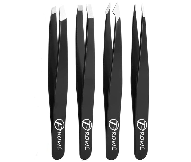 [Australia] - PROWL Professional Stainless Steel Tweezers for Facial Hair Women & Men – Set of 4 Eyebrow Tweezers for Ingrown Hair, Facial Hair, Splinter, Blackhead, and Tick Remover Black 