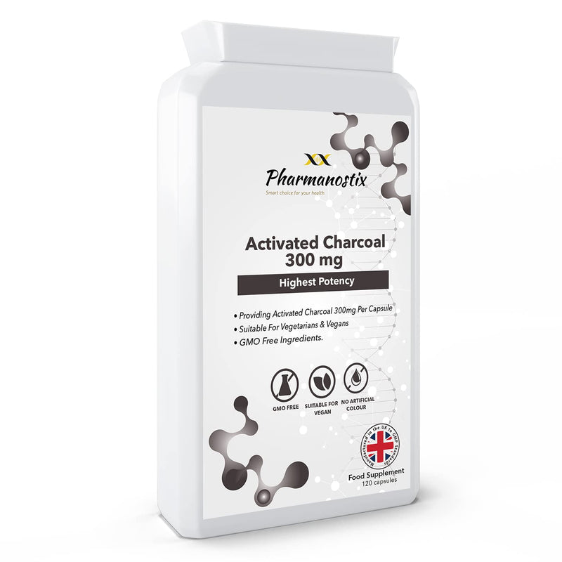 [Australia] - Activated Charcoal 300mg Vegan 120 Capsules (not Tablets) -Steam Activated from Coconut - Contributes to Reducing Excessive Flatulence - Natural Relief- Keto Friendly - UK Manufactured by Pharmanostix 