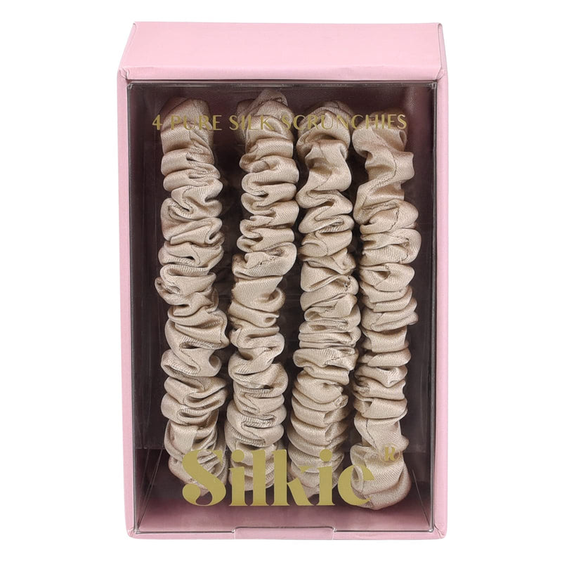 [Australia] - SILKIE x4 Set 100% Pure Mulberry Silk Champagne Skinny Scrunchies Travel Pouch Everyday Hair Ties Elastics Hair Care Ponytail Holder No Damage(Champagne) 