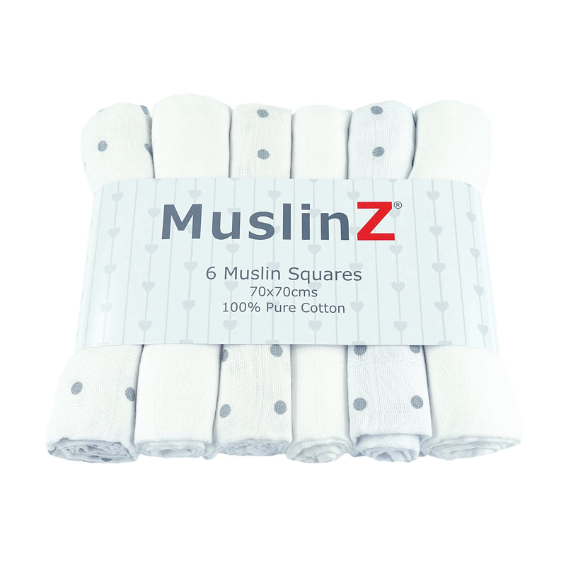 [Australia] - MuslinZ muslin cloths 6 pack 70x70cms 100% pure cotton burp cloths, soft and absorbent for newborns (White/Grey Spot) White/Grey Spot 