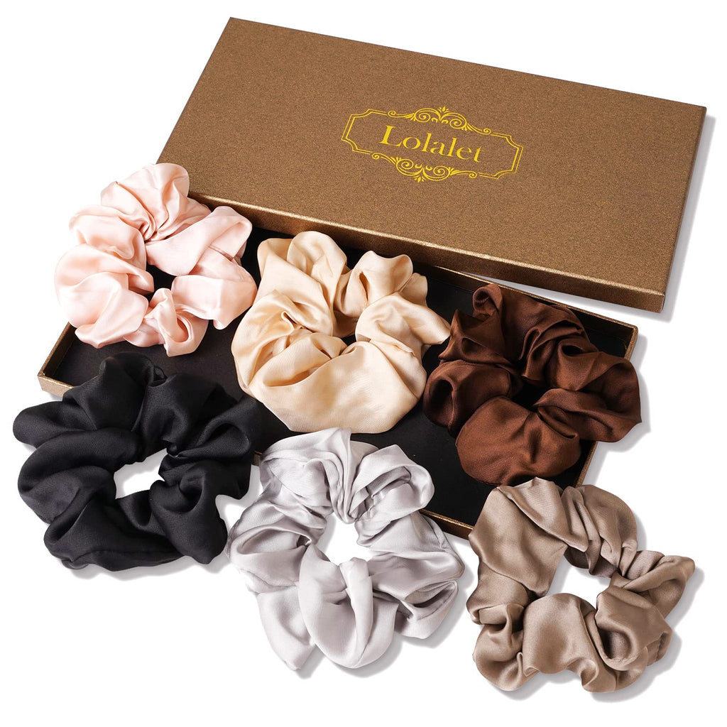 [Australia] - 6 Pcs Lolalet Silk Hair Scrunchies for Women Girls, Silk Satin Hair Ties Breakage Frizz Prevention Soft Elastic Ponytail Holders for Thick Hair Curly Hair Long Fine Hair Accessories Scrunchy Set Multi-color A 