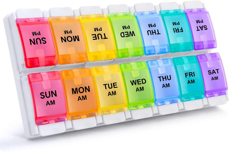 [Australia] - AM PM Weekly 7 Day Pill Organizer, HUAXIYAN Large Daily Pill Cases Pill Box with Easy Push Button Design for Pills/Vitamin/Fish Oil/Supplements (Rainbow) 