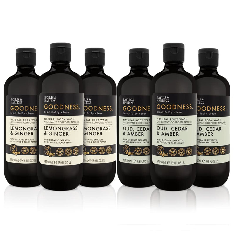 [Australia] - Baylis & Harding Goodness Body Wash Bundle: 3 x Lemongrass & Ginger 500ml and 3 x Oud, Cedar & Amber 500ml (6 bottles) - Vegan Friendly Body Wash Bundle 1 