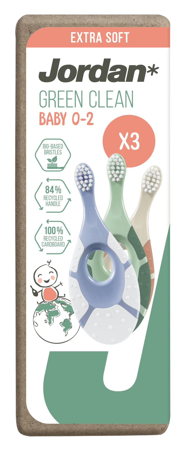 [Australia] - Jordan ® | Step 1 Green Clean Toddler Toothbrush | Sustainable Baby Toothbrush 0-2 Years | Bio Based Extra Soft bristles, 84% Recycled Handle, Soft Biting Ring | Mixed Colors | Pack 3 Units 