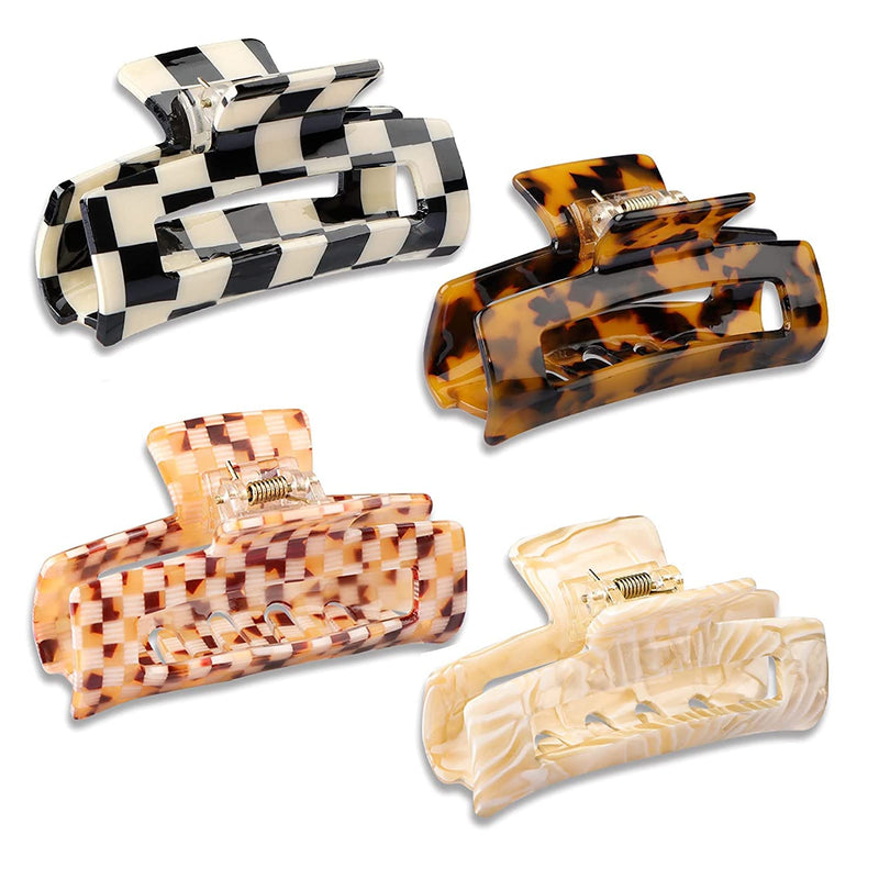 [Australia] - HAYHOI 4PCS Hair Claw Clips, Celluloid French Butterfly Jaw, Tortoise Shell Grip Pin Teeth Clamp-Stylish Accessories for Women Girls Thick Thin Curly Straight Long Hair, Checkerboard, Leopard, White 1C 