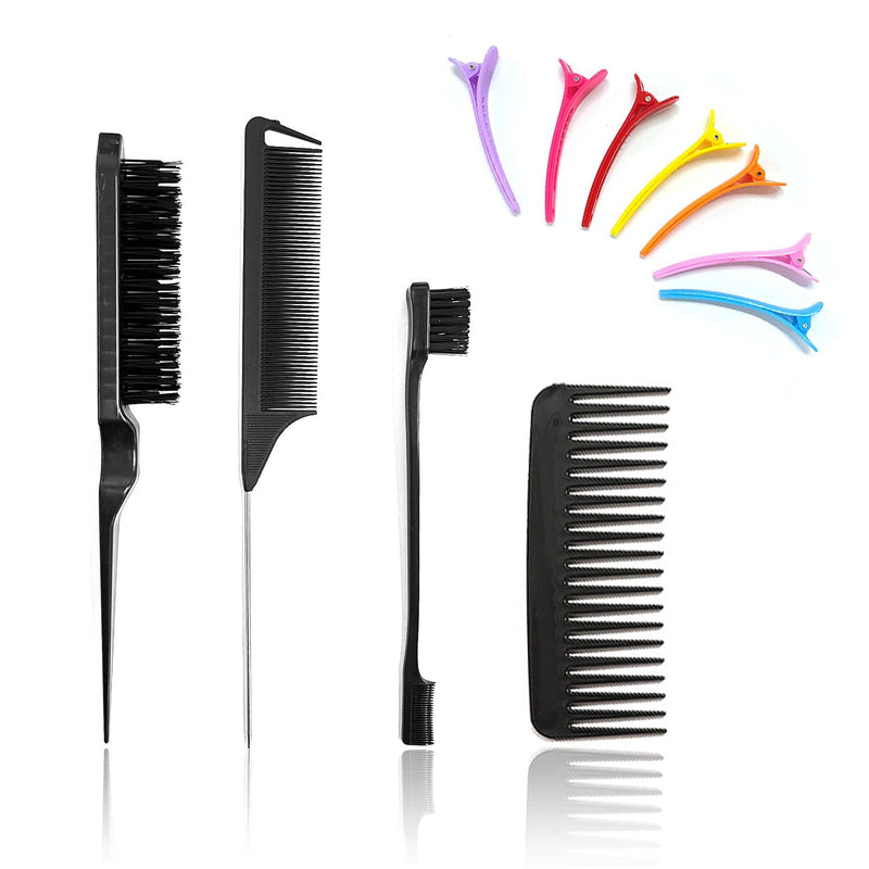 [Australia] - 3-Piece Heat Resistant Anti-Static Comb Grooming Edge Brush, Curling Comb Fluffy Hair Comb Steel Needle Tip Tail Comb for Hairdressing with 4 Duckbill Clips and 1 Wide Tooth Comb 