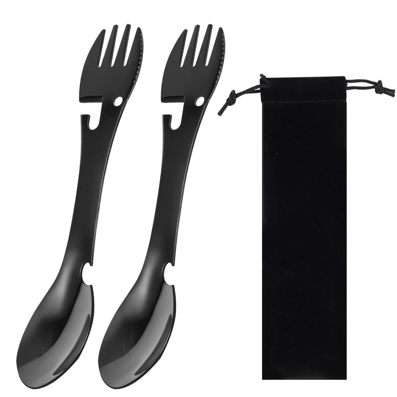 [Australia] - 2PCS Camping Spork, Stainless Steel Spork Spoon Bottle Opener 5 in 1 Functional Utensil with Cloth Case for Travel Camping Cutlery 