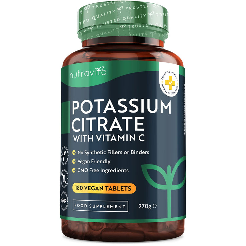 [Australia] - Potassium Citrate with Vitamin C - 180 Vegan Tablets - High Strength Potassium Supplement - Natural Electrolytes Support - Superior Absorption - Vegan Potassium Tablets - Nutravita 