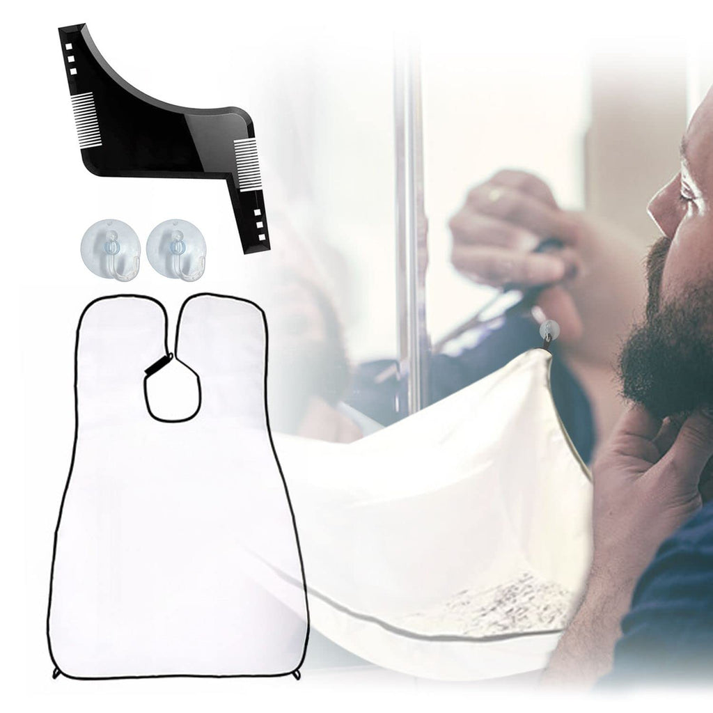 [Australia] - 1 White Beard Apron, 1 Black Styling Comb and 2 Hooks, Beard Grooming Kit, Men's Unique Gift Father Husband Grooming and Trimming Beard Apron 