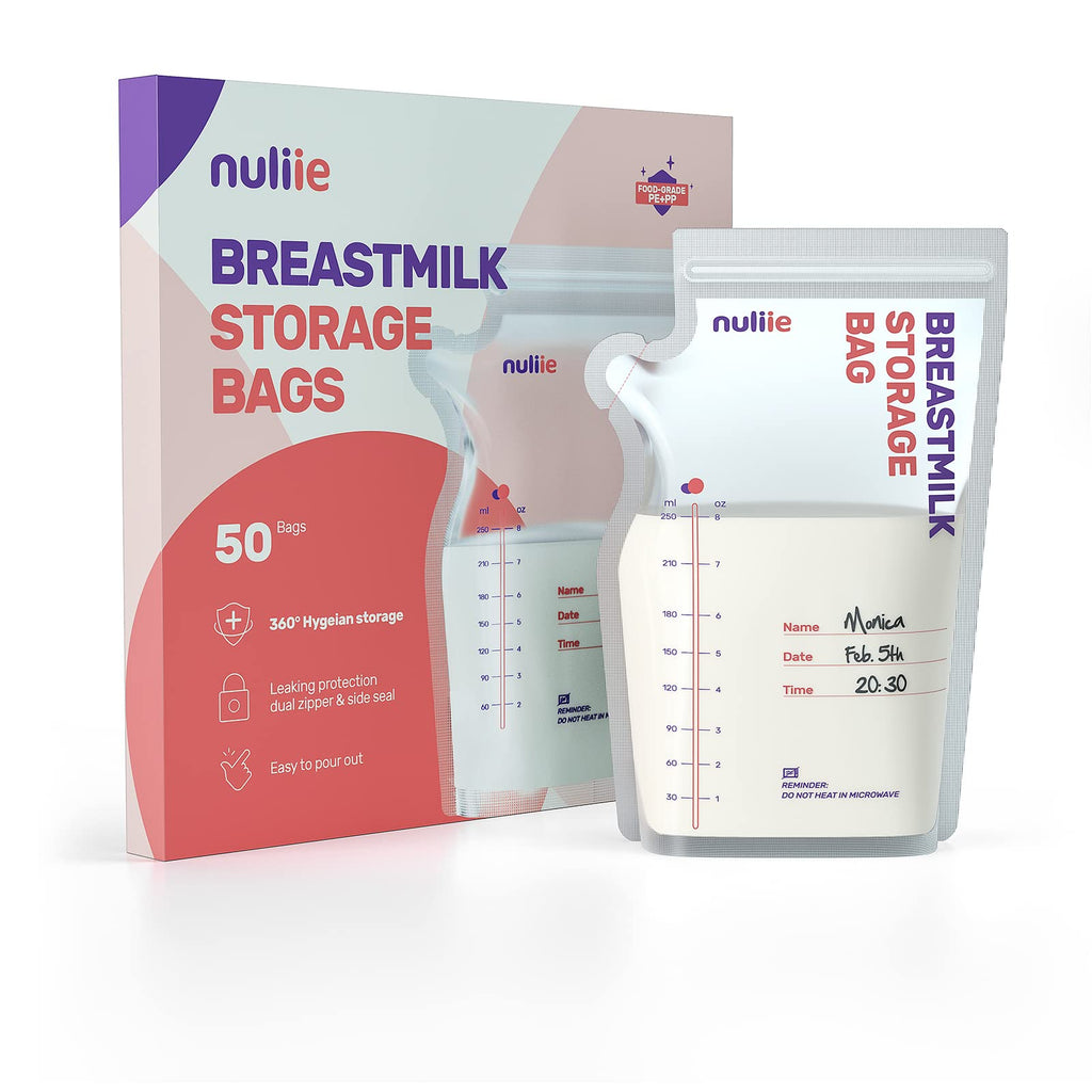[Australia] - Nuliie 50 Pcs Breast Milk Storage Bags, 250ml Pre-sterilized Breastmilk Storage Bags, Milk Storage Bags with Pour Spout for Breastfeeding, BPA Free, Self-Standing Bag, Space Saving Flat Profile 50 Count 