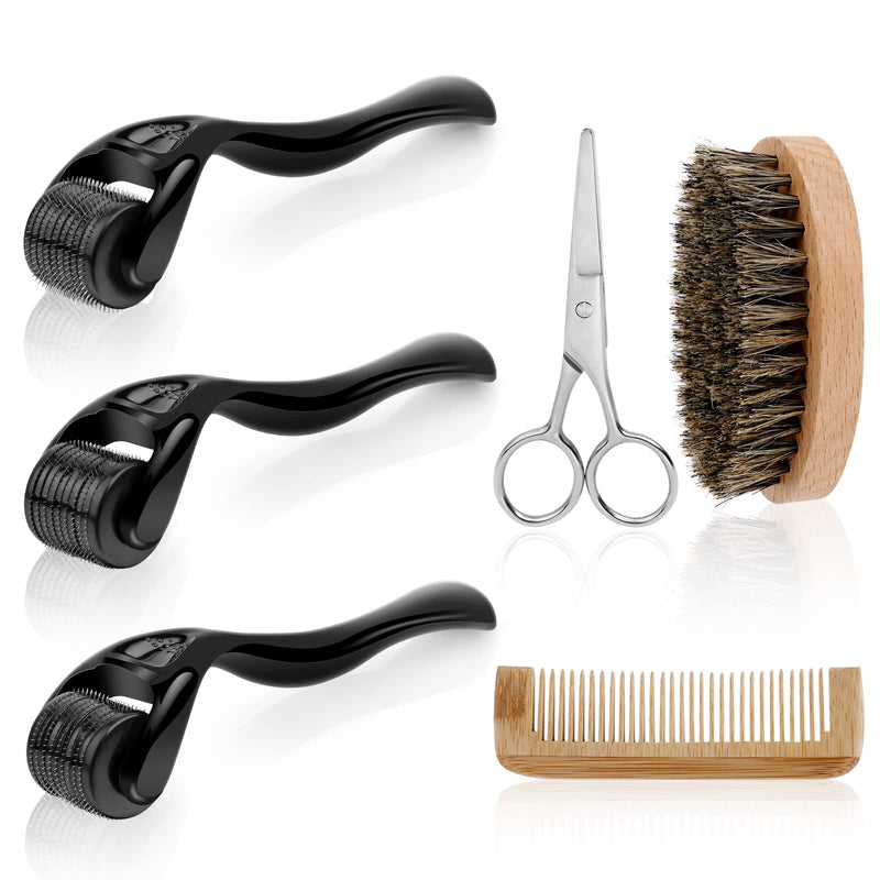 [Australia] - URAQT Beard Growth Kit, 6 Piece Beard Grooming Tools, Beard Derma Roller (0.5mm,1mm,1.5mm), Titanium Microneedle Beard Roller with Beard Brush Beard Scissors Comb for Men Beard Rapid Growth 6PCS 