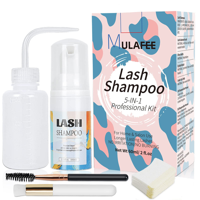 [Australia] - MULAFEE Eyelash Extension Cleanser, Lash Extension Shampoo Kit, Oils, Paraben & Sulfate Free Foaming 60 ML Eyelash Shampoo with Rinse Bottle and Soft Brush Safe for Salon Use and Home Care 