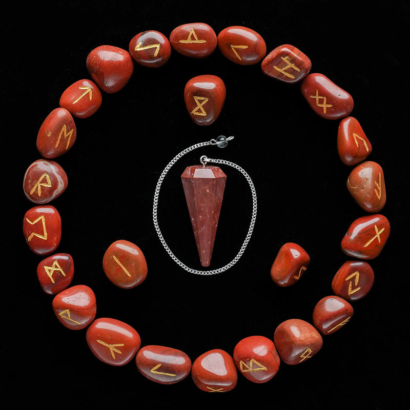 [Australia] - Crocon Red jasper tumbled Gemstone Engraved Rune Stones Set (25 Pcs) with Elder Futhark Alphabets & 1 Pendulum Meditation healing set Size: 15-20 mm 