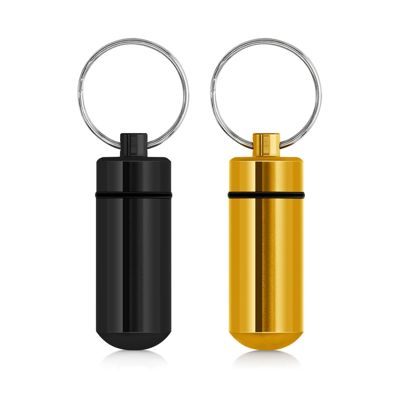 [Australia] - kwmobile Key Ring Pill Cases (Pack of 2) - Metal Keychain Mini Pill Case Holders Keyring Chain Portable Pills Container - Black/Gold Black / Gold 