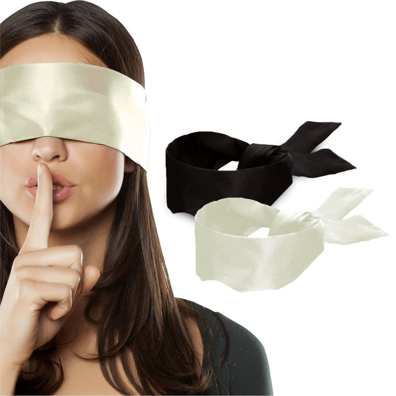 [Australia] - 2 pcs Silk Satin Blindfold Eye Cover Silk Sleeping mask Valentine Gift 155cm / 62” (Black+Pearl) Black+pearl 