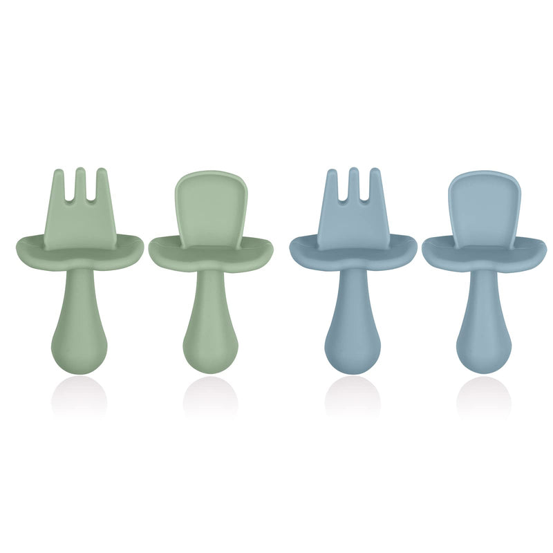 [Australia] - Vicloon Baby Fork and Spoon Set, 4Pcs Infant Silicone Self Feeding Utensil Easy Grip Toddler Cutlery Kit, Baby Weaning and Feeding Spoons for Infant Toddler Children First Led Training Weaning Green-blue 
