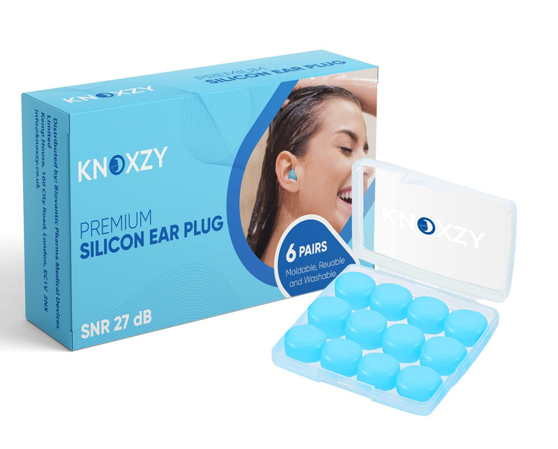 [Australia] - Knoxzy Silicone Ear Plugs for Sleeping Re-Usable Waterproof, SNR = 27dB Noise Cancelling Premium Moldable Ear Plugs for Sleeping, Travelling, Studying Noise Reduction Blue 6 Pair (Pack of 1) 