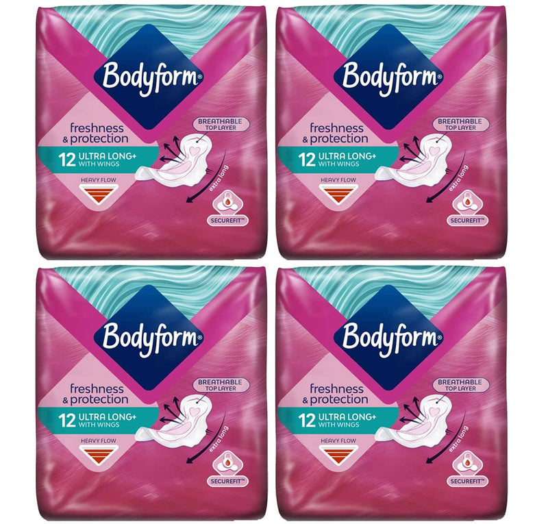 [Australia] - Bodyform Ultra Long with Wings Sanitary Towels Pads 12s, for Heavy Flow - Pack of 4 (48 Pads Total) 