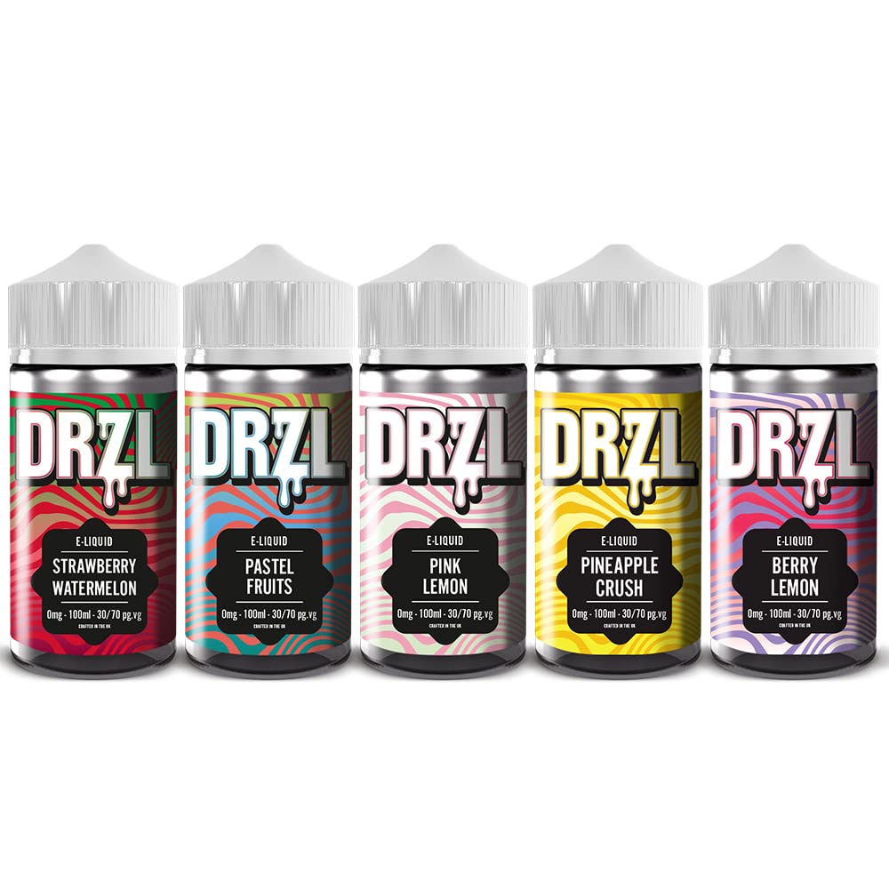 [Australia] - 5 x 100ml Vape Juice | Strawberry Watermelon + Pastel Fruits + Pink Lemon + Pineapple Crush + Berry Lemon Vape Liquid | E Liquid | Vape Kits | E Cig | 70/30 No Nicotine E Juice | (by DRZL E Liquid) 