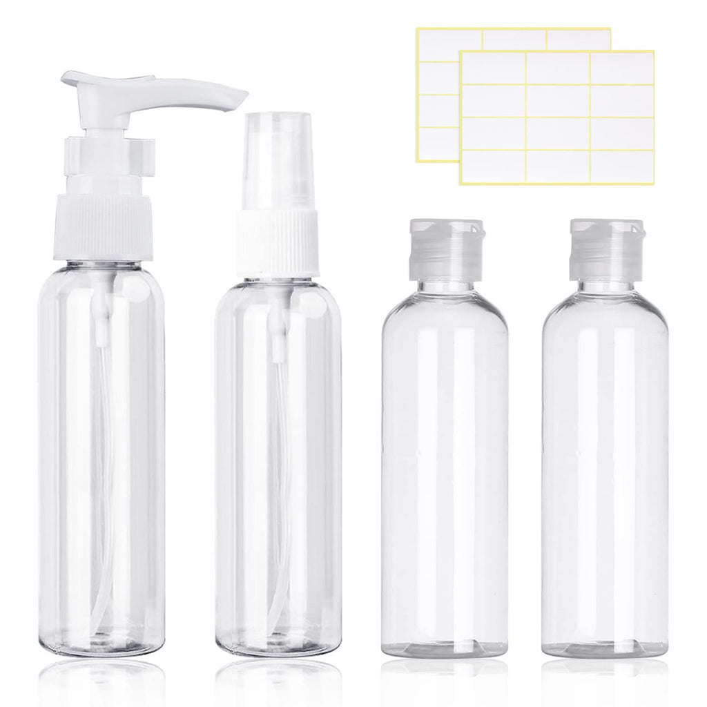 [Australia] - 4-Pack 100ML Clear Travel Bottle Set, Spray Bottles,Refillable Liquid Containers for Lotion, Body Wash, Shampoo with 2 Pcs Labels 