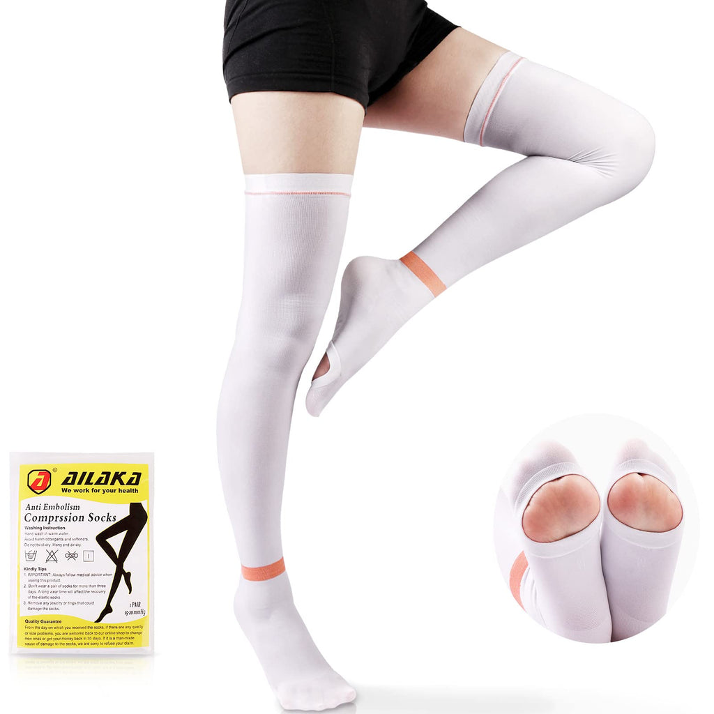 [Australia] - Ailaka Anti Embolism Compression Stockings for Men Women, 15-20mmHg Thigh High TED Hose Stockings with Inspect Toe Hole, Graduated Support for Venous Thrombosis, Edema, Post Surgery Recovery S (1 pair) White 