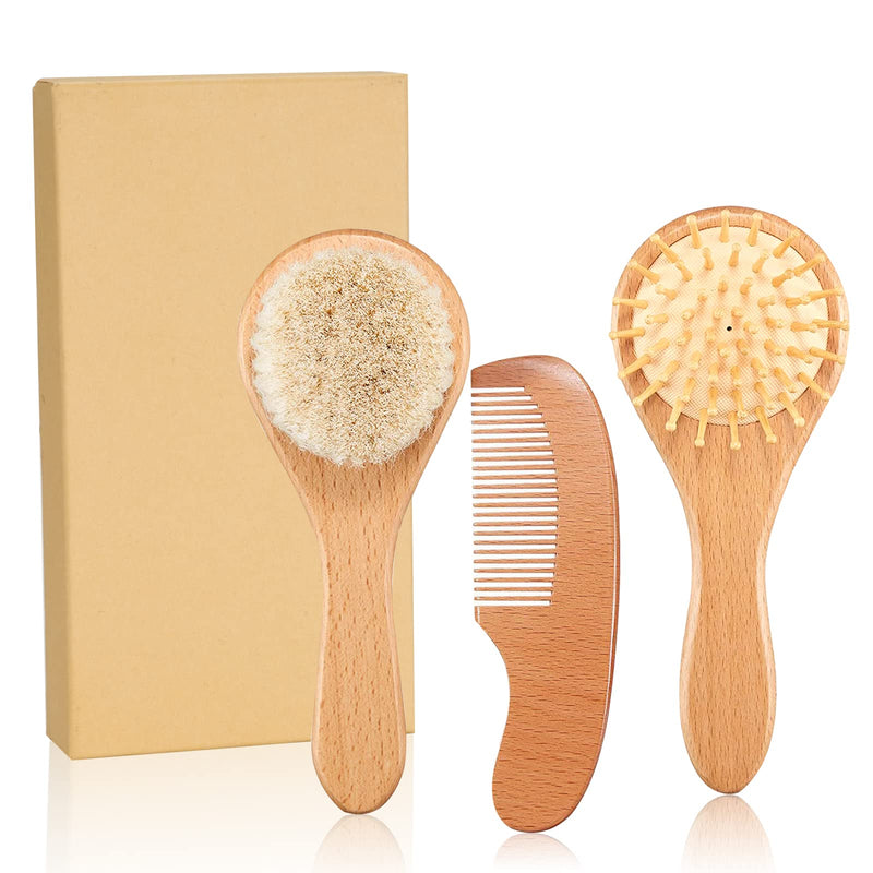 [Australia] - Baby Hair Brush and Comb Set Natural Soft Bristles Hairbrush Anti-Static Wood Massage Hair Comb for Newborns and Toddlers 3Pcs 