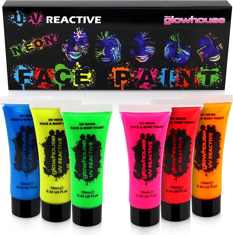 [Australia] - The Glowhouse UV Neon Face Paint and Body Paint Set (Pack of 6) Fluorescent Brightest Glow under UV! 