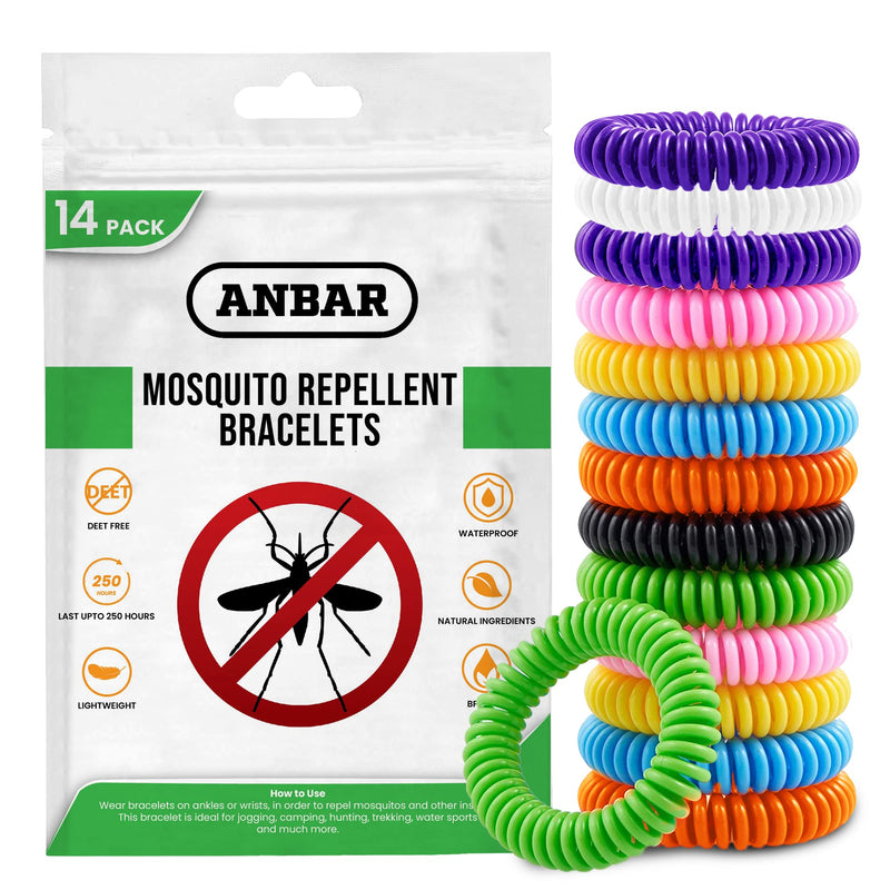 [Australia] - Anbar Mosquito Repellent Bracelets Bands for Adults and Kids, 14 Pack, All-Natural Deet-Free, Non-Toxic Protection, Stretchy Waterproof Anti-Mosquito Wristbands for Hiking and Camping 