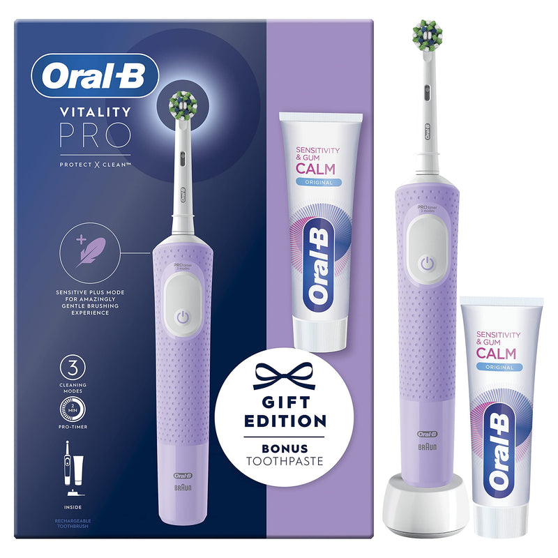 [Australia] - Oral-B Vitality Pro Electric Toothbrush, 1 Handle, 1 Toothbrush Head, 3 Brushing Modes Including Sensitive Plus + Sensitivity & Gum Calm Toothpaste, 2 Pin UK Plug, Purple New Pro Lilac Paste 