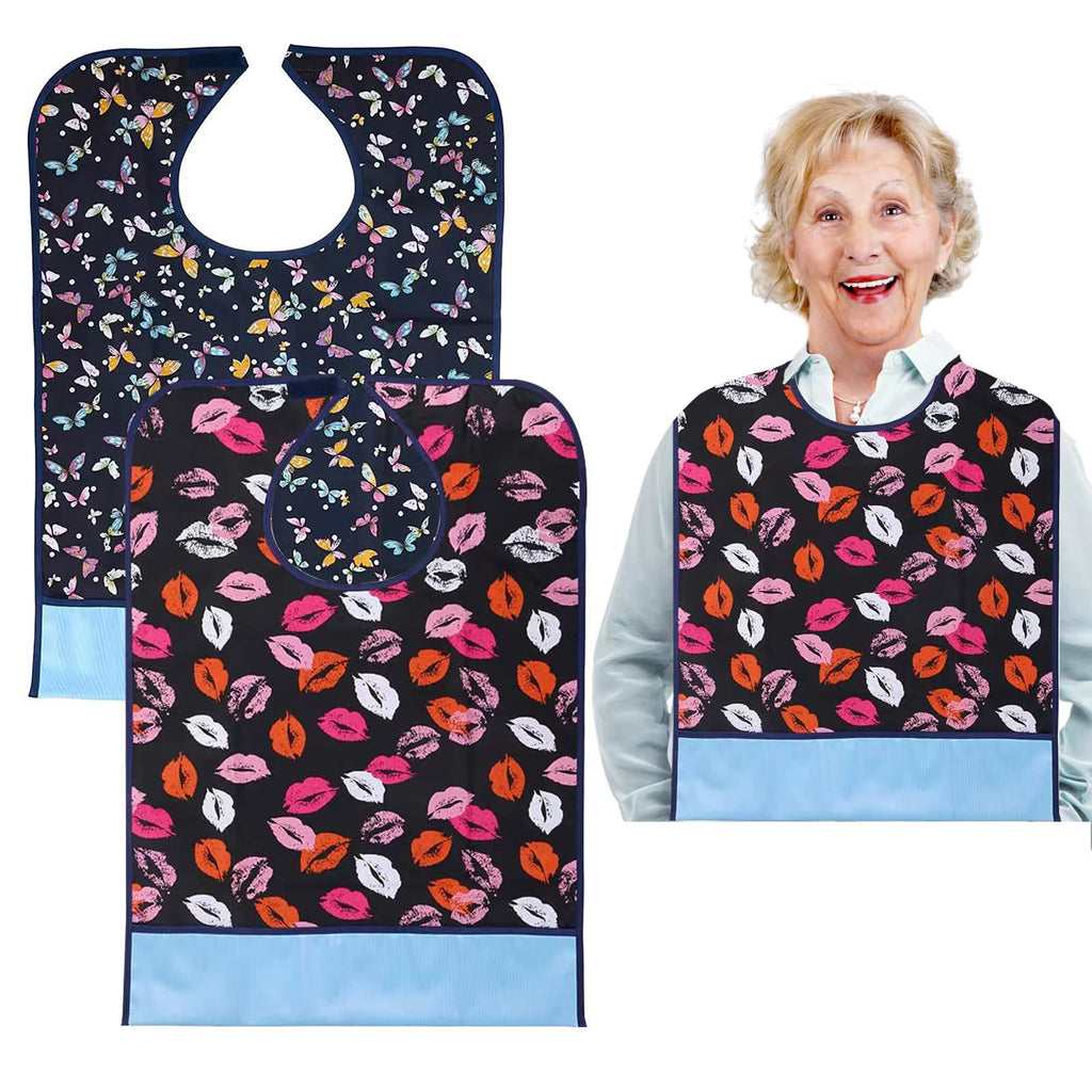 [Australia] - Adult Bibs for Elderly Washable, 2 Pack Butterfly Lip Reusable Waterproof Eldly Bib with Crumb Catcher Disability Bibs for Adults for Women Men 