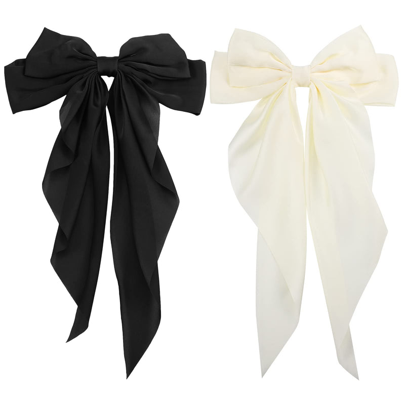 [Australia] - RosewineC 2 PCS Bow Hair Clips Solid Color Bow French Automatic Hair Clip with Long Silky Satin Tail Large Bows for Simple Women Girls Barrettes Hair Fastener Accessories (Black & White) 
