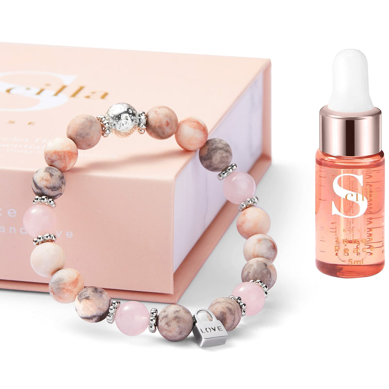 [Australia] - Anxiety Bracelet for Women - Jasper, Rose Quartz and Lava Rock, Good Sleep Essential Oils with Love Lock Charm, Gifts for Her, Aromatherapy Gift Box Pink and Silver 