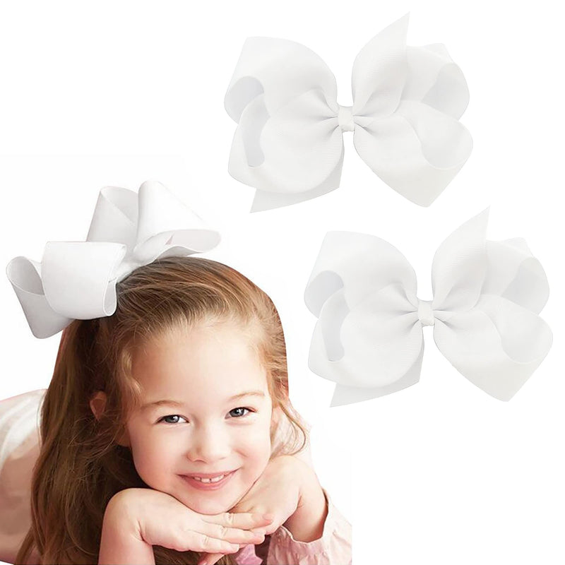 [Australia] - 2Pcs Children Girls Ribbon Bows Hair Clips, 6 Inch White Grosgrain Ribbon Hair Pins Hair Bows Hair Barrette Clips, Fashionable Girls Hair Accessories 