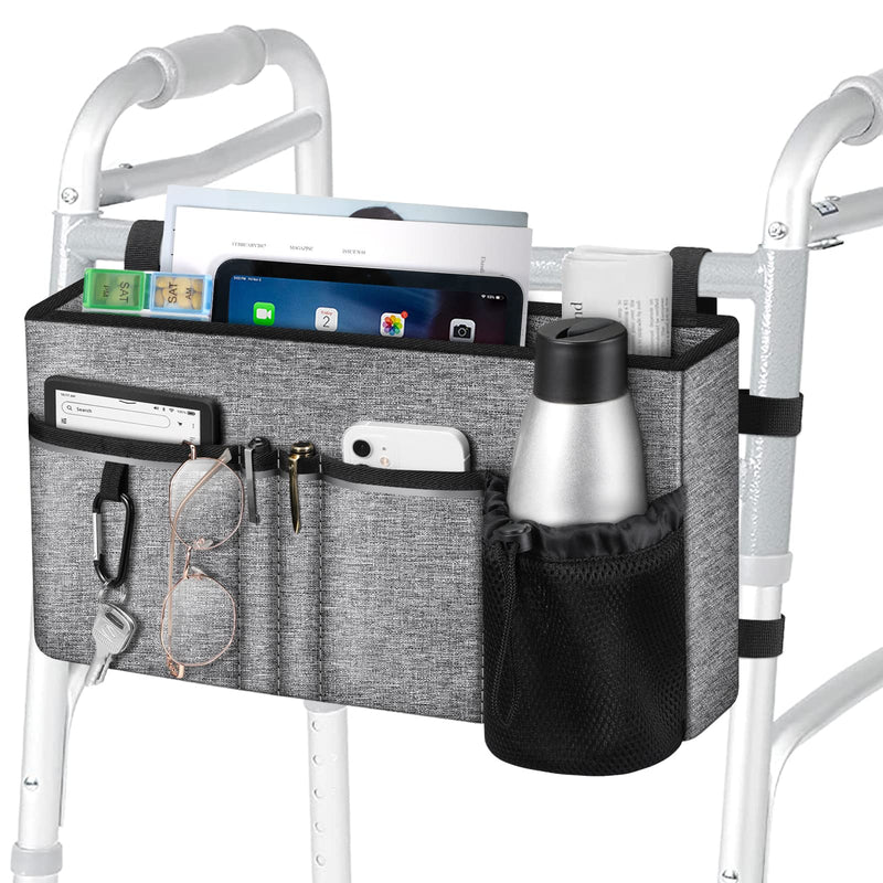 [Australia] - FINPAC Large Walker Tote Bag with Cup Holder, Folding Walker Attachment Hands-Free Storage Basket Mobility Aid Accessory Pouch for Elderly, Senior, Grey 