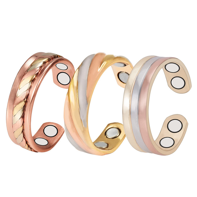 [Australia] - EnerMagiX Tri Tone Magnetic Copper Rings for Women or Men, Copper Ring with 2 Magnets, Adjustable Size, Women's Day Gift for Mom, Wife 