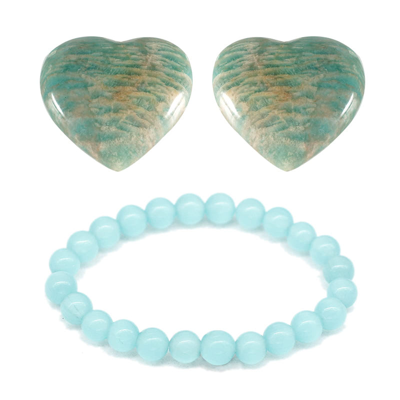 [Australia] - Soulnioi Healing Crystal Introverted Set 2Pcs Natural Quartz Amazonite Heart Crystal Stone and 1Pcs Amazonite Power Bead Crystal Bracelet B# Amazonite Crystal 
