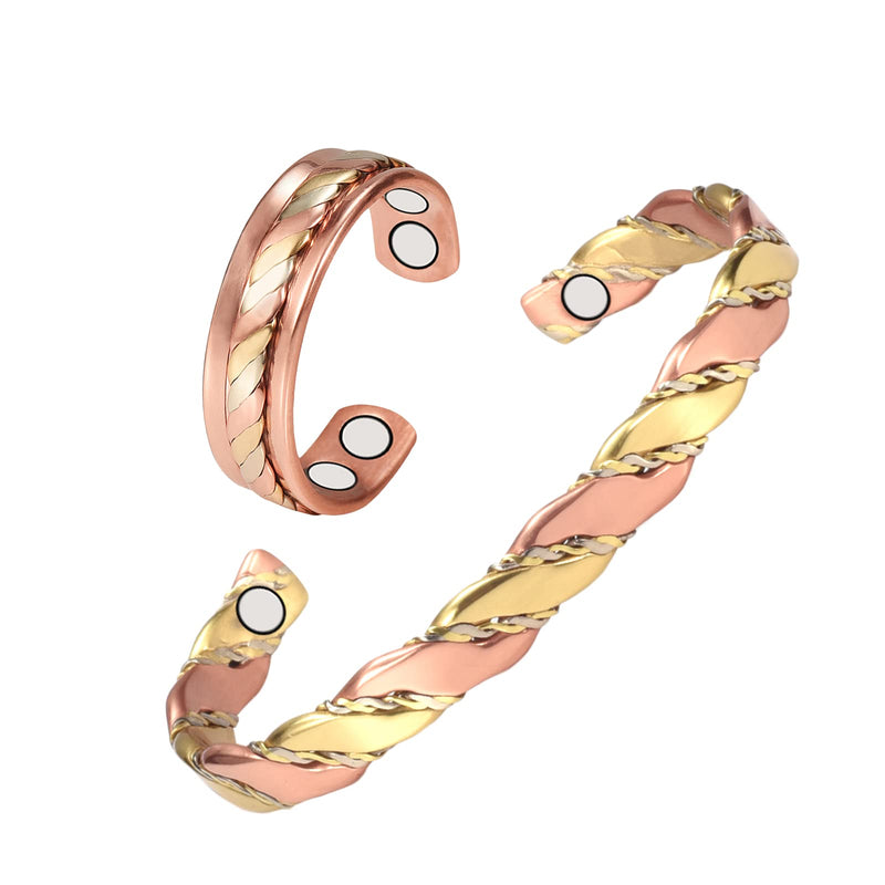 [Australia] - EnerMagiX Tri Tone Magnetic Copper Bracelets and Ring for Women or Men, Copper Bangles with 8 Magnets, 6.5'', Adjustable Size, Women's Day Gift for Mom, Wife 