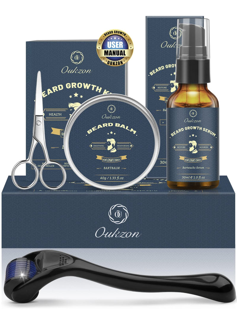 [Australia] - Beard Growth Kit - Oukzon Beard Roller for Growth, Beard Grooming Kit for Men, Beard Growth Oil, Beard Balm, Shaving Scissors, Birthday Gifts for Men, Dad and Boyfriend 