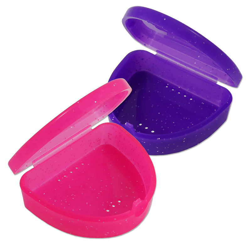 [Australia] - Slim Orthodontic Dental Case x 2 - Colour & Glitter Choices for Retainers, Bleaching Trays, Dentures & More (Glitter Pink & Glitter Purple) Glitter Pink & Glitter Purple 