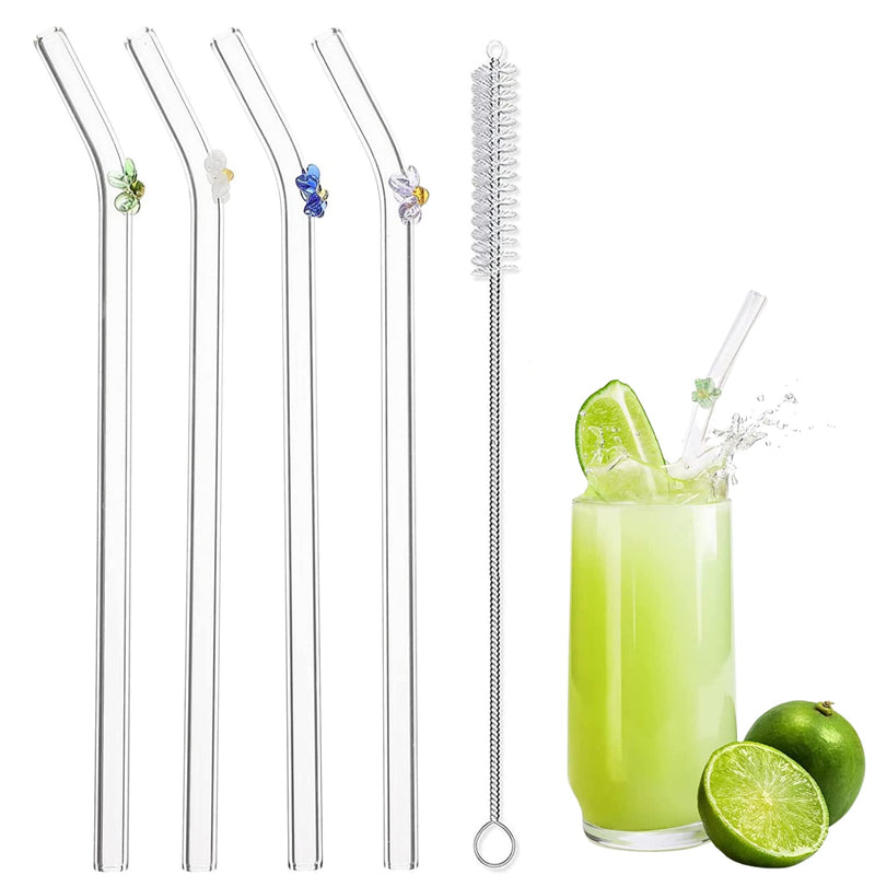 [Australia] - 4 PCS Reusable Glass Straws,8mm Glass Drinking Straws with Cleaning Brushe Bent Drinking Straws with Flower for Smoothies, Beverages, Shakes, Juices Style A 