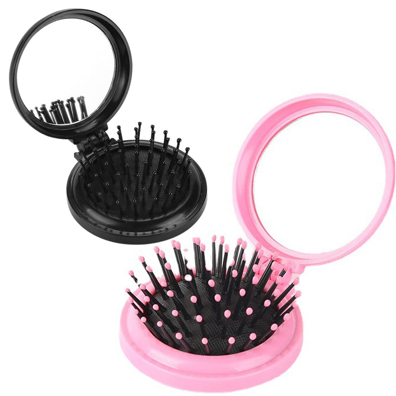 [Australia] - Hair Brush, Detangling Hairbrush With Mirror Travel Mini Small Paddle Brush Folding Hair Comb For Thick Curly Thin Long Short Wet Dry Hair Mens Women Kids Baby( Pink & Blue) 