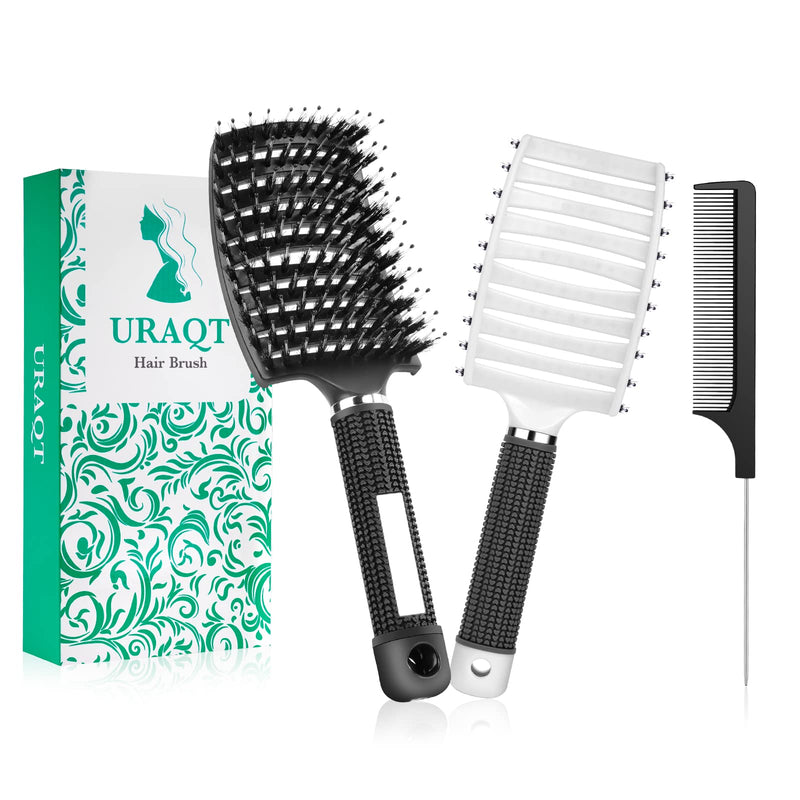 [Australia] - URAQT Hair Brush, 2 Pcs Boar Bristle Paddle Hairbrush with Tail Comb, Soft Massage Vent Brush for Men Women, Detangle Hair Brush for Long Thick Curly Hair, Reducing Hair Breakage (Black & White) Black & White 